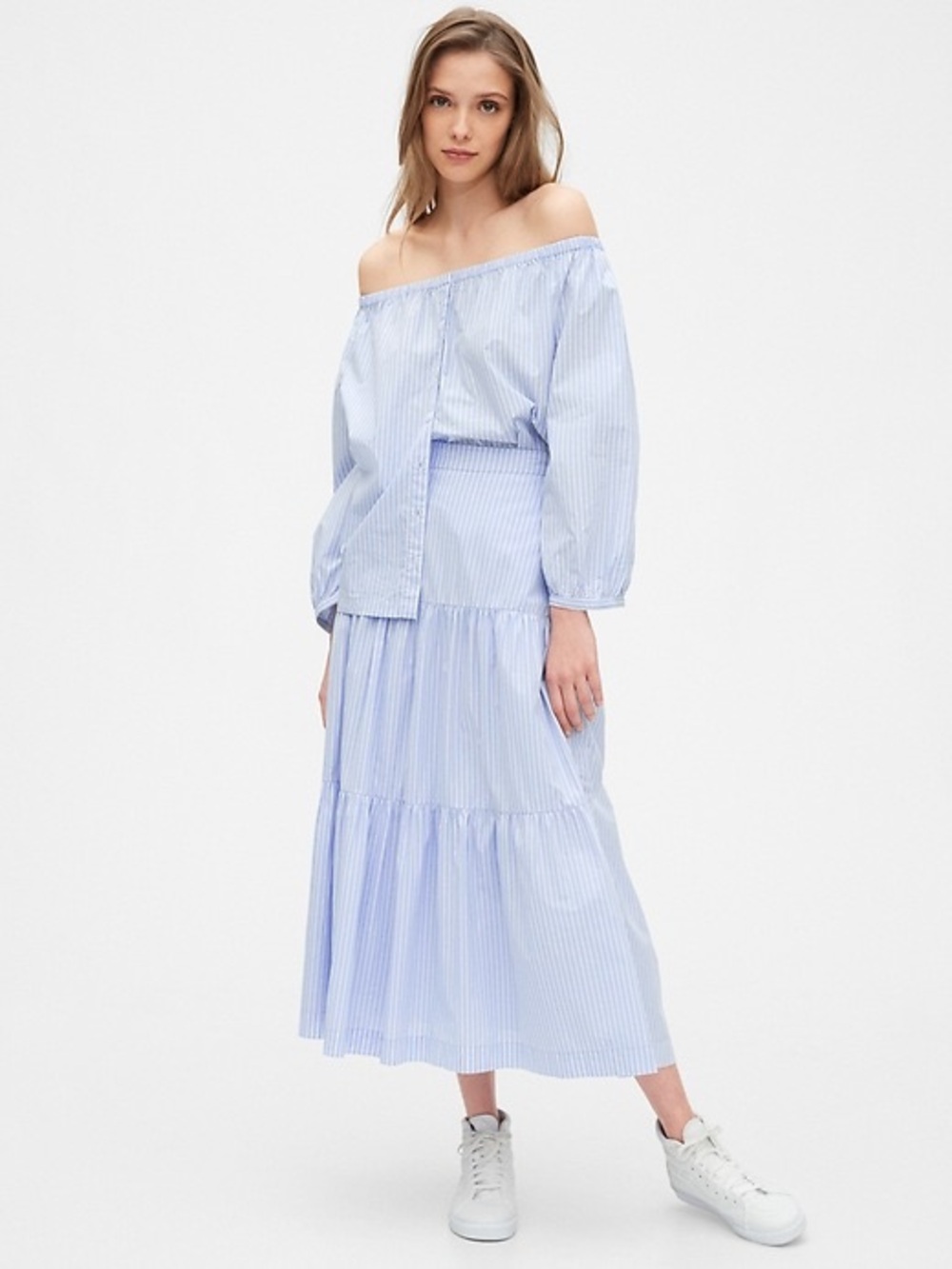 GAP Blue and White Pinstripe Tiered Maxi Skirt